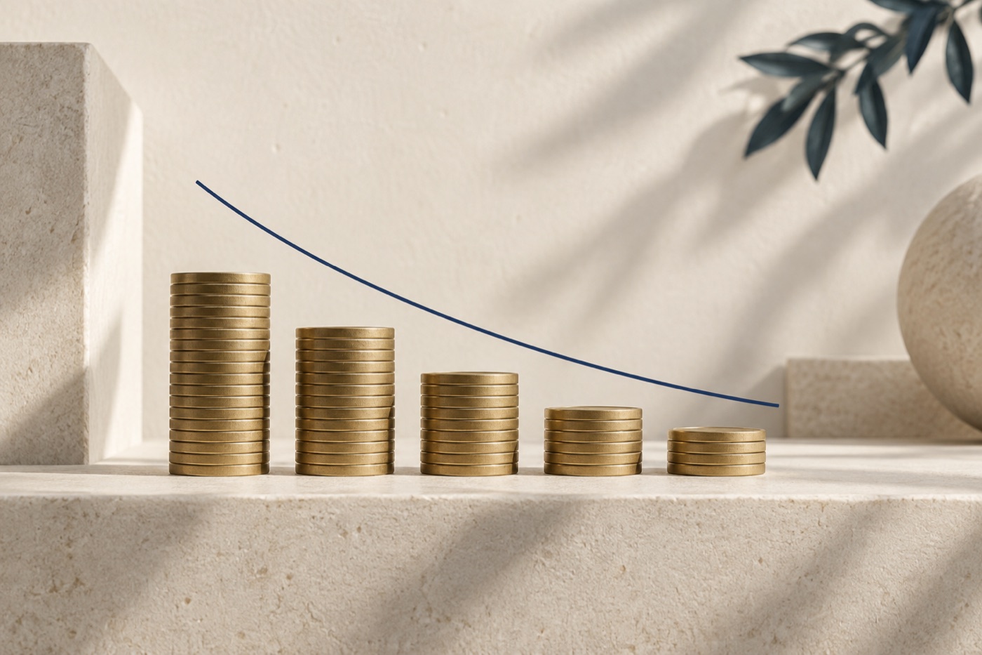 Pilas de monedas que disminuyen en altura, símbolo de reducción de costos